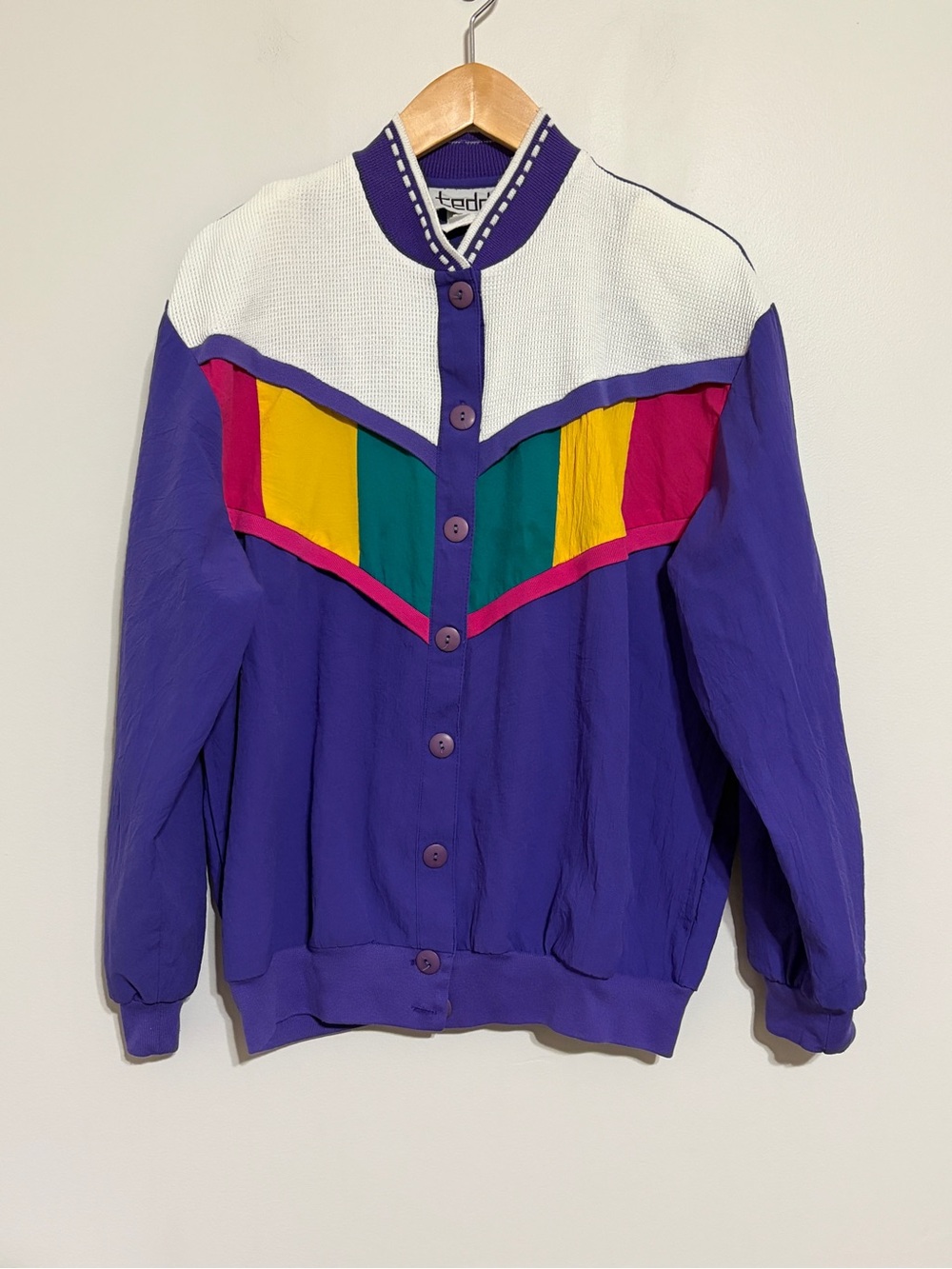 TEDDI 80s Vintage Purple Colorblock Bomber Jacket Button Front Windbreaker